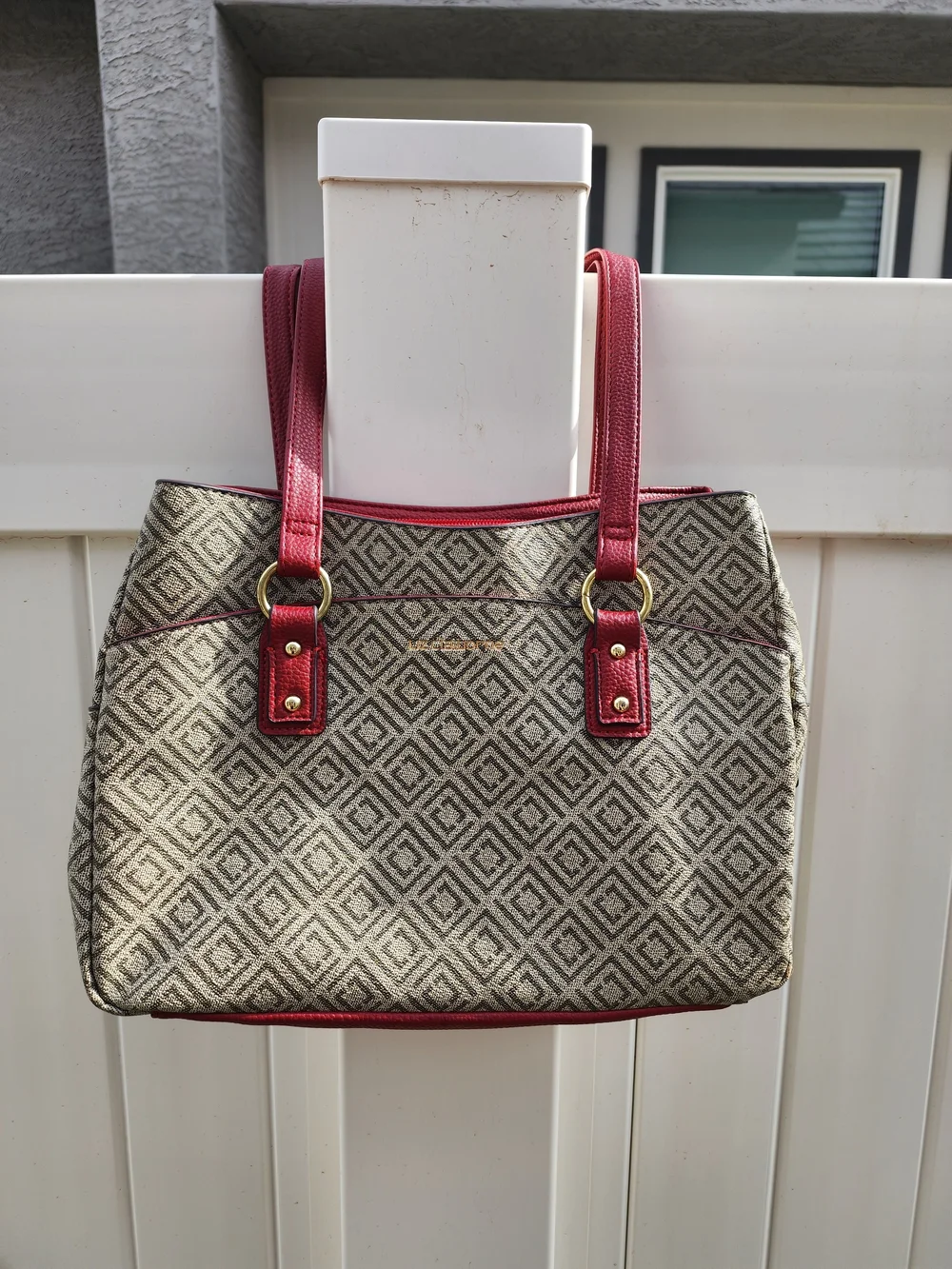 NWOT Vintage Liz Claiborne Park Slope Satchel Bag - Grey Monogram & Red Trim
